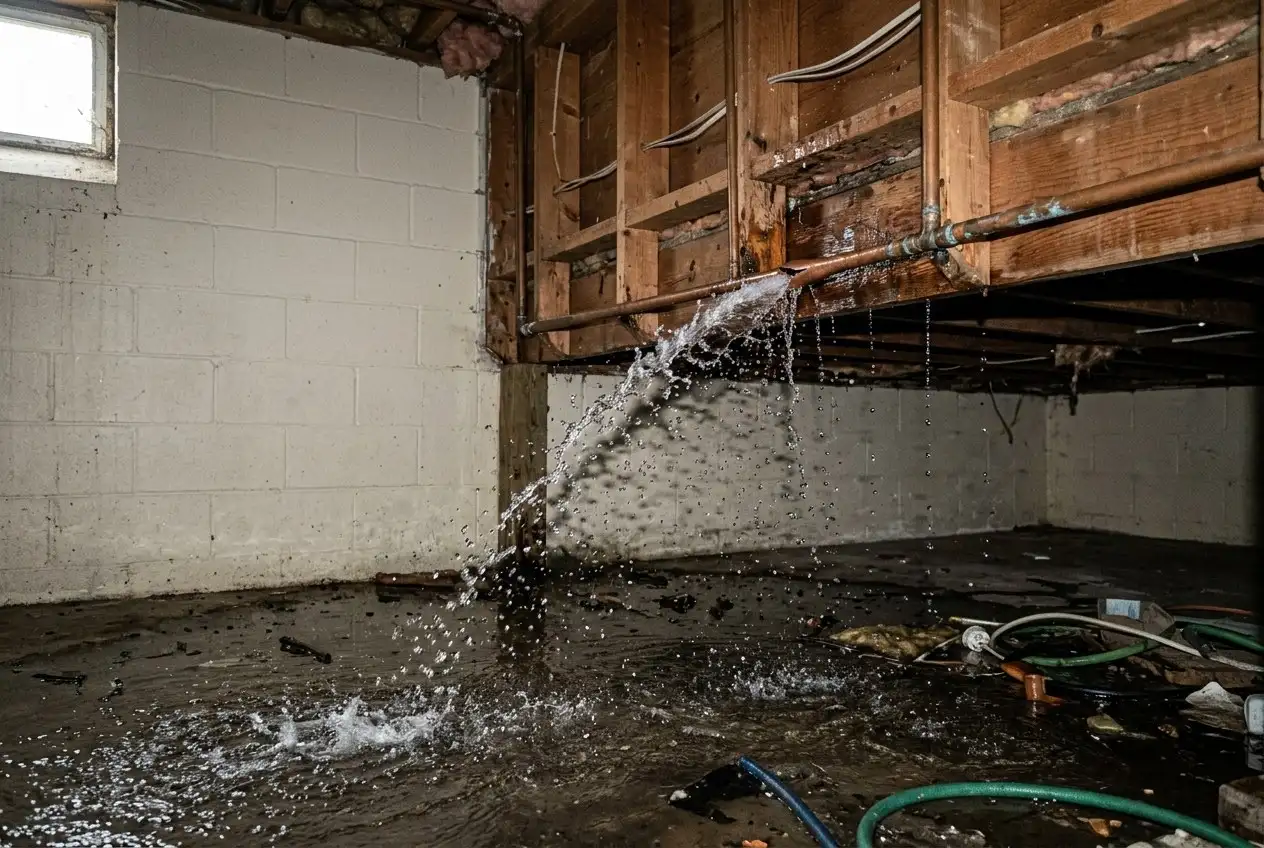 A split water line spraying across a flooded basement