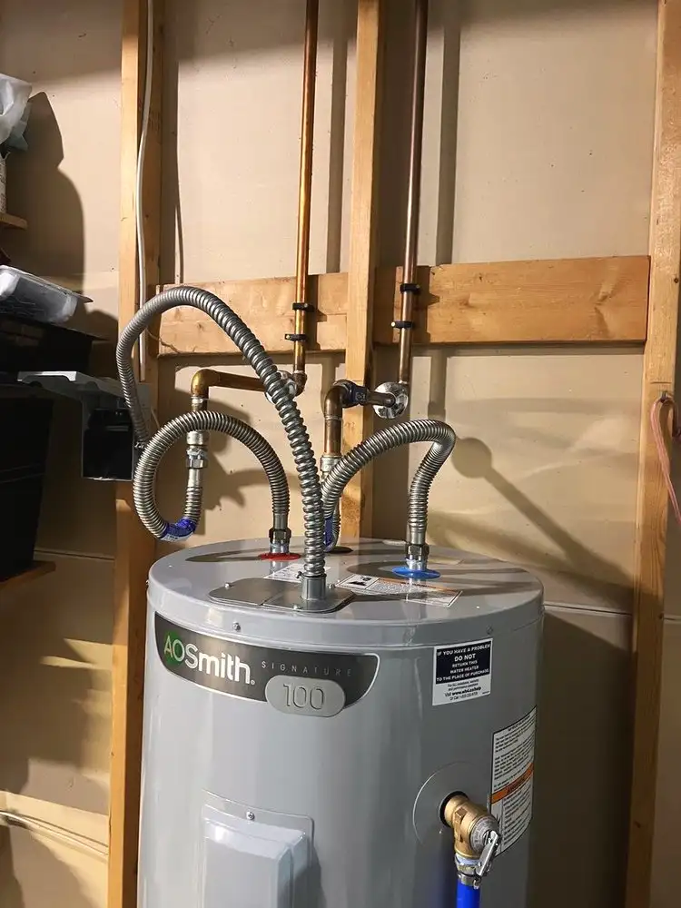 New A. O. Smith water heater installed with flex connectors