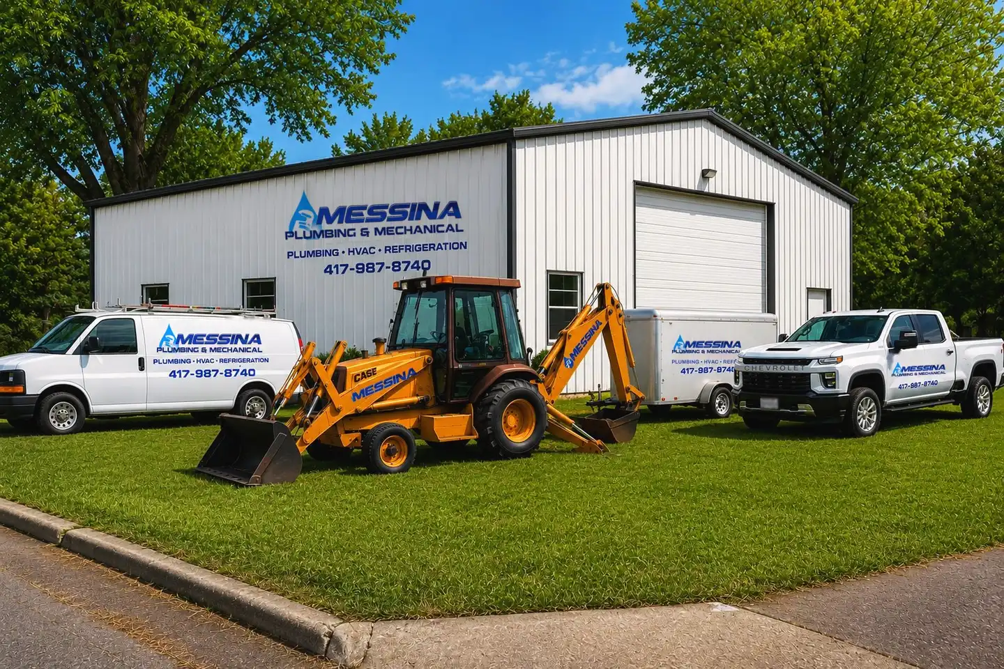 The Messina Plumbing & Mechanical shop in Strafford, with the service van, backhoe, trailer and truck out front