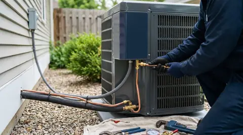 Technician connecting a line set to a new outdoor air-conditioning condenser unit