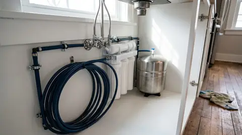 Under-sink reverse osmosis filtration system with clean tubing and a storage tank
